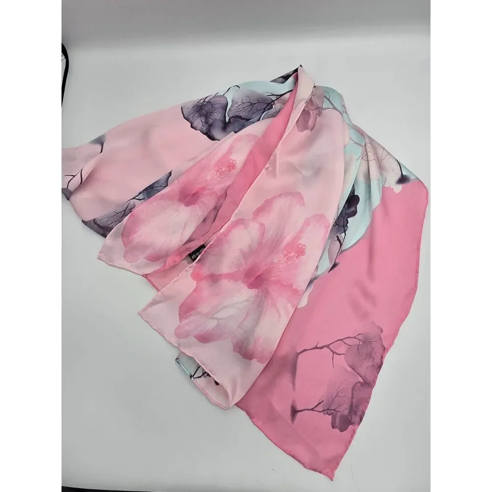 Chinese Silk Scarf Pink Hand Sewn Edges Floral blossom 20.5 x 66 Quiet Luxury